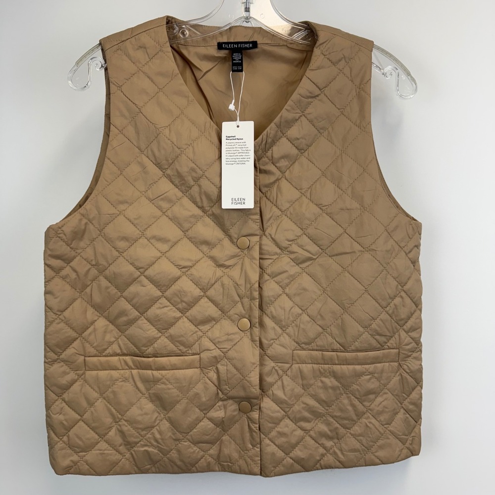 Eileen Fisher Womens XXS Quilted V-Neck Vest Biscuit Brown Nylon F5GGR NEW